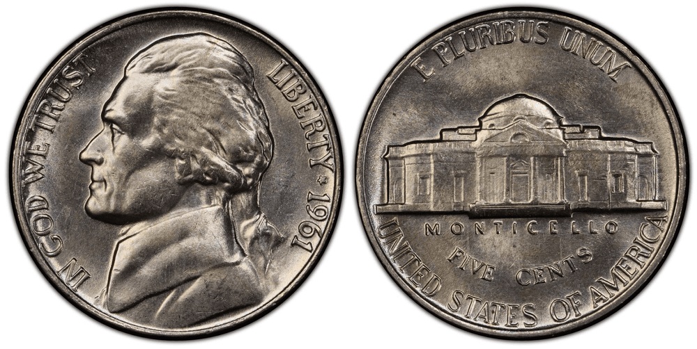 1961 Jefferson nickel obverse showing Thomas Jefferson portrait and reverse showing Monticello