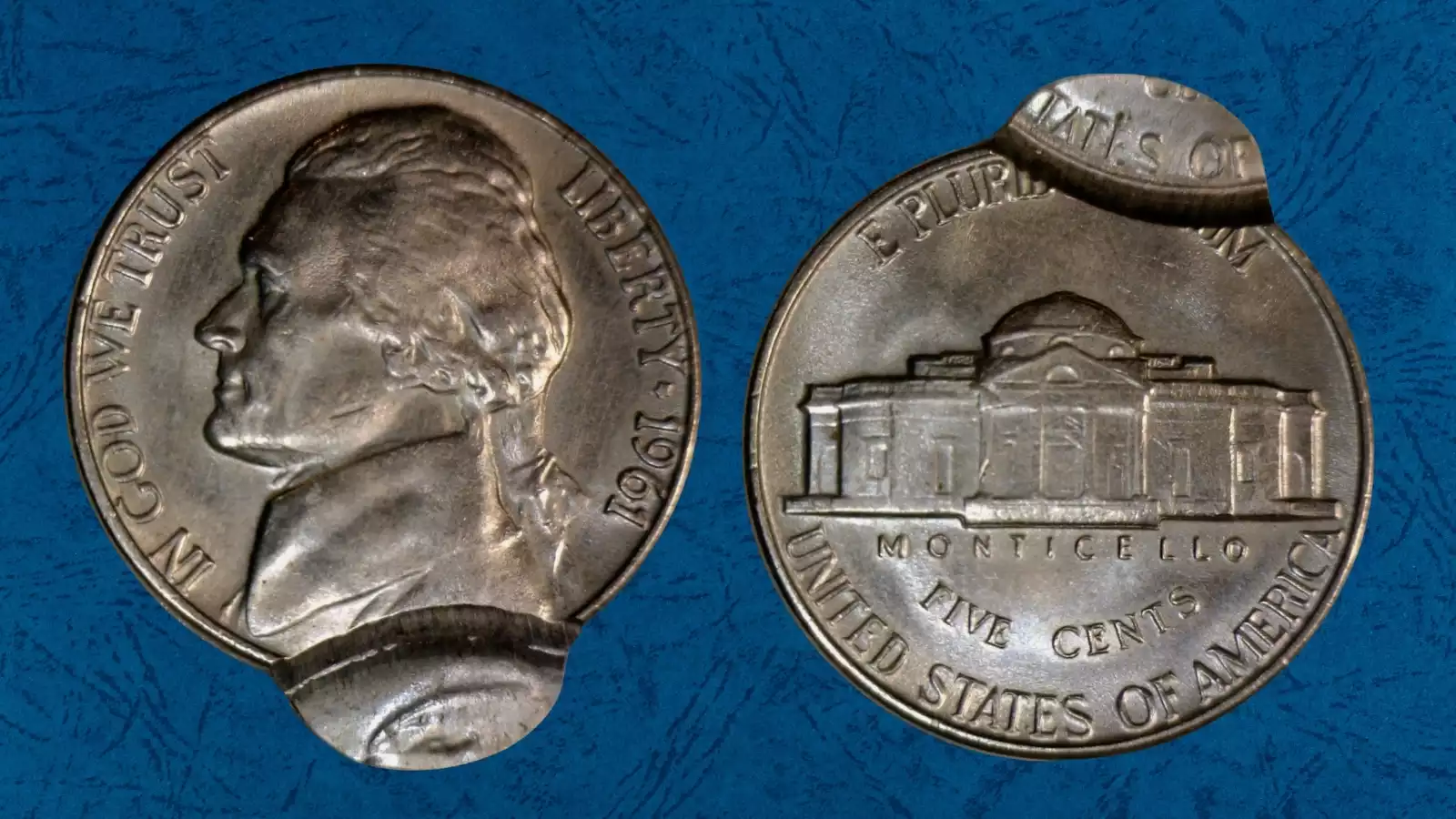 1961 nickel double-struck error showing overlapping design impressions from two strikes of the die