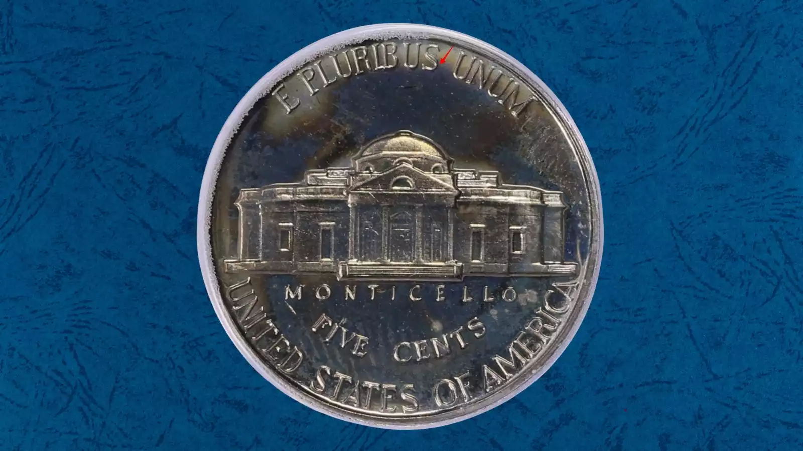 1961 nickel doubled die reverse DDR error showing doubling on MONTICELLO and E PLURIBUS UNUM lettering