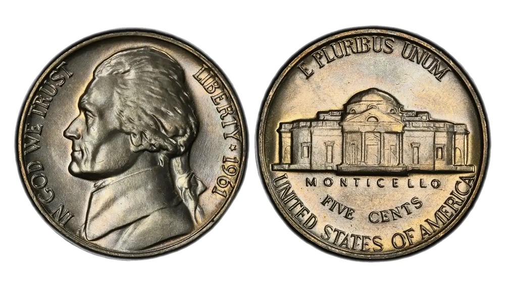 Group of three 1961 Jefferson nickels showing Philadelphia, Denver, and Proof varieties